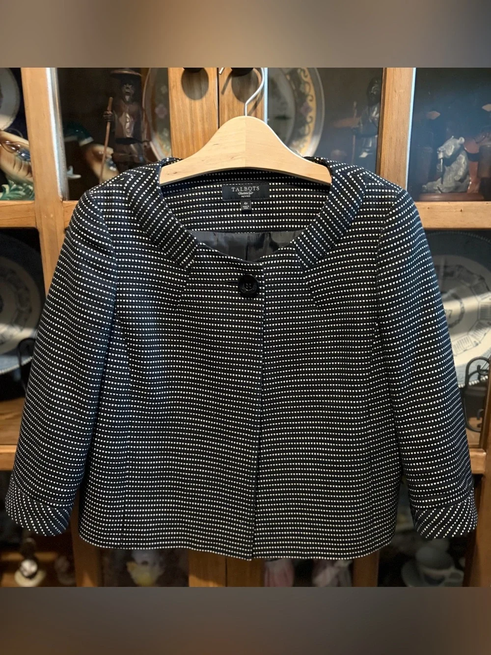 Talbots Black & White Dot Crop One Button Open Jacket Size 4 P